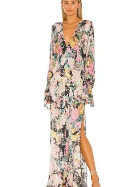 HEMANT & NANDITA Floral V-Neck Long Sleeve Maxi Dress in Pink, Yellow & Green